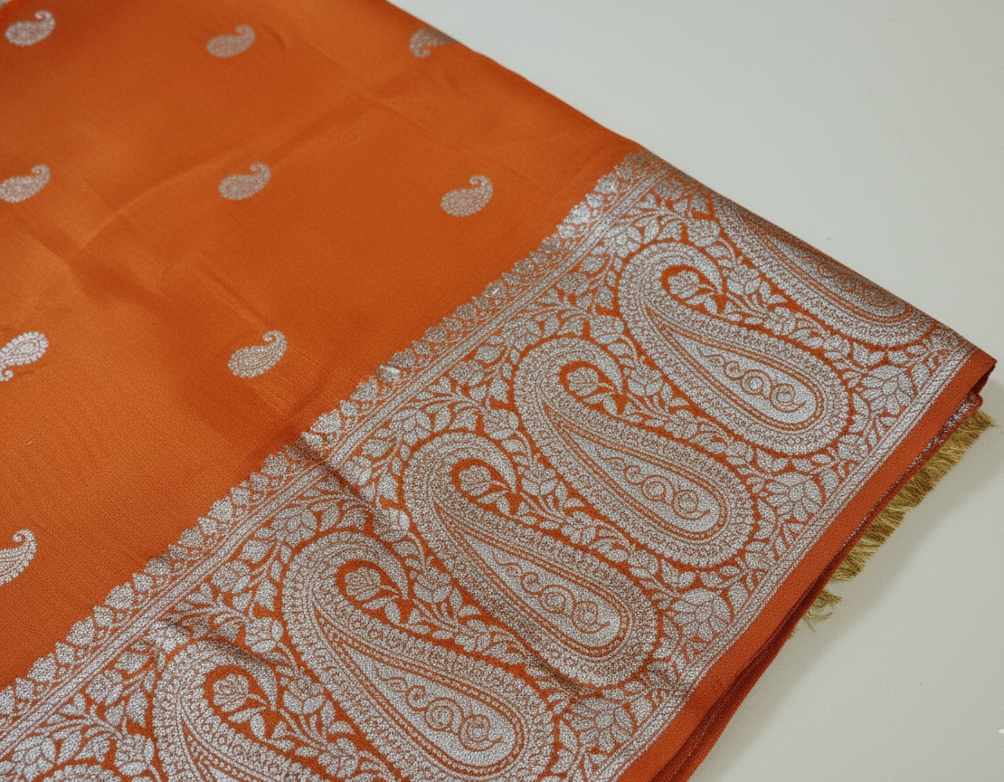 HANDLOOM Weaving 100% Pure Silk Zari Safron Banarasi Stole