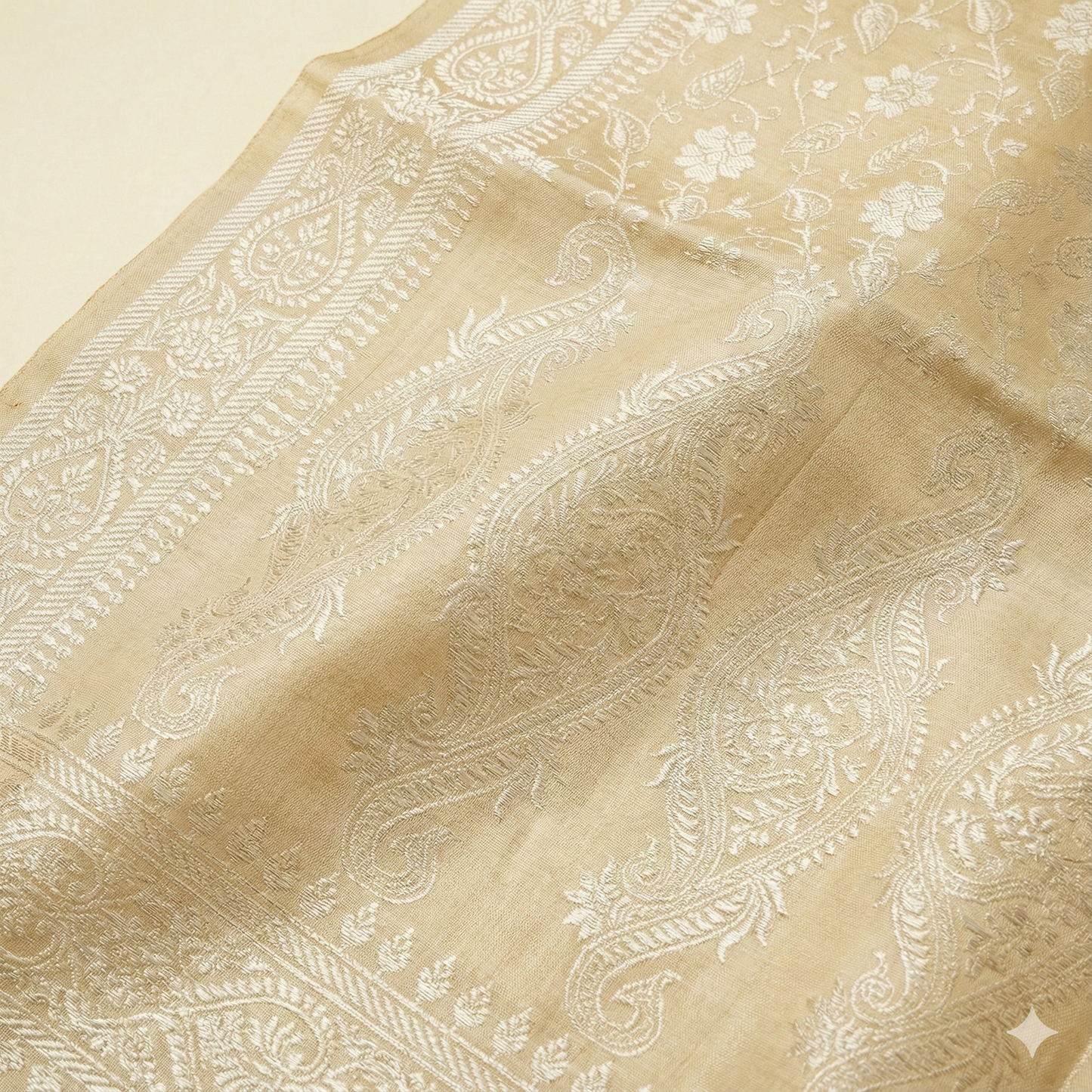 Artisanal cream Banarasi silk stole - meaningful NRI gift for someone going abroad