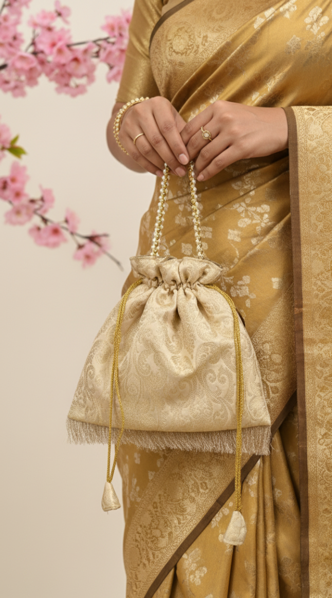 Person holding a beige handbag with a cherry blossom branch in the background