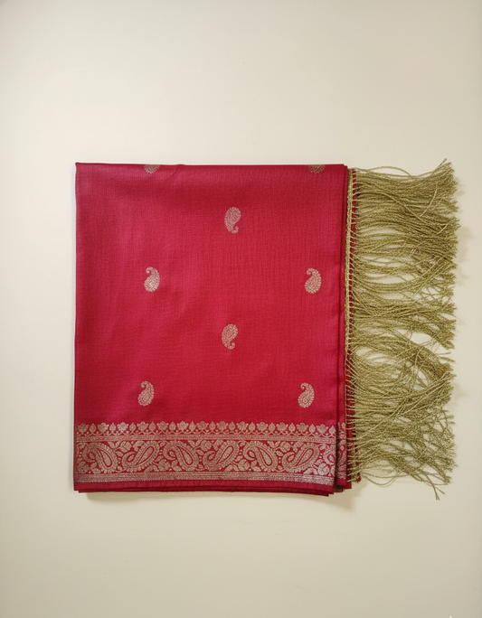 Close-up of traditional zari work on red Banarasi silk stole