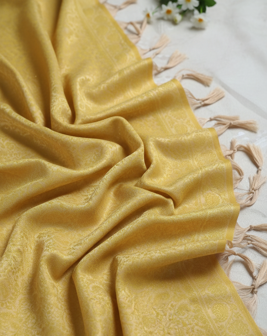 Handwoven lemon yellow Banarasi silk stole for women - light casual daily wear
