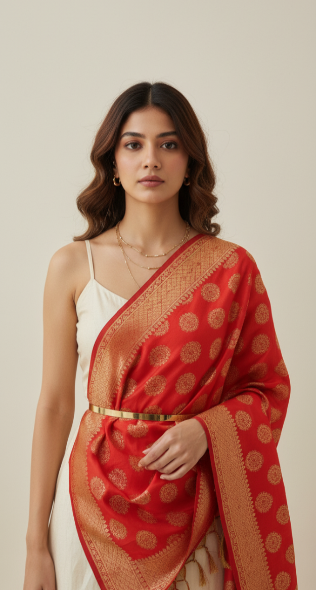 Orange Banarasi silk dupatta with zari work worn over white kurta