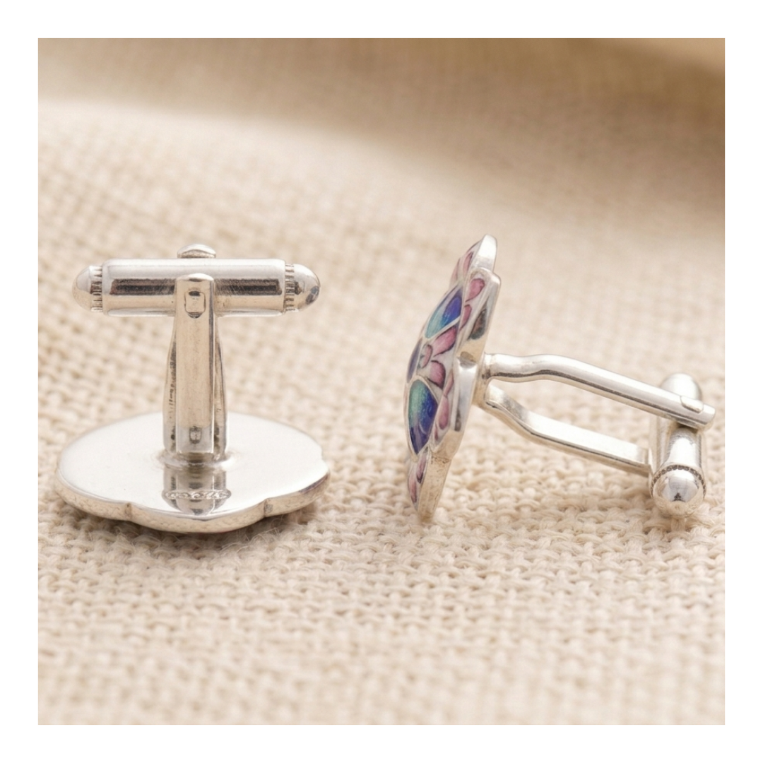 Pair of handcrafted pure silver Gulabi Meenakari cufflinks from Varanasi rare heritage gift set for men