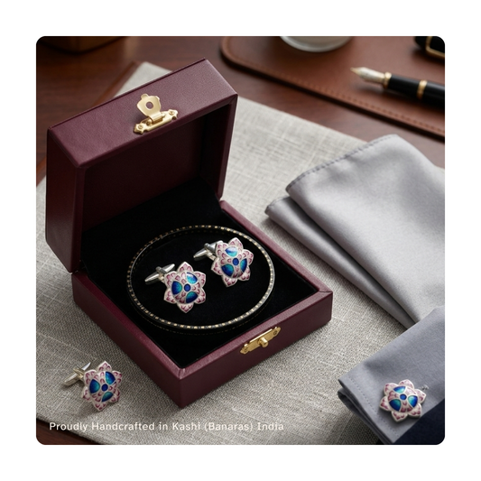 Pure silver Gulabi Meenakari cufflinks gift set for men handcrafted in Varanasi, India | Sparsh of India