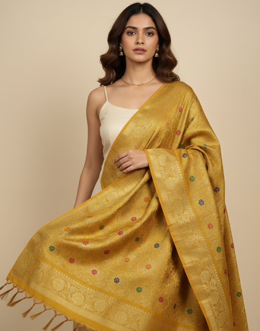 Yellow Banarasi weave silk dupatta styled with ethnic outfit