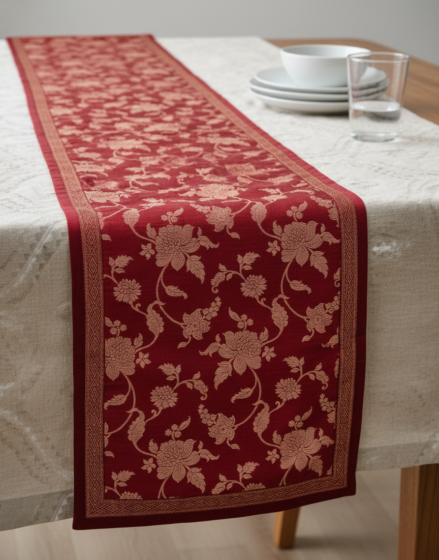 Maroon Handloom Banarasi Silk Table Runner | Luxury Indian Heritage Home Decor