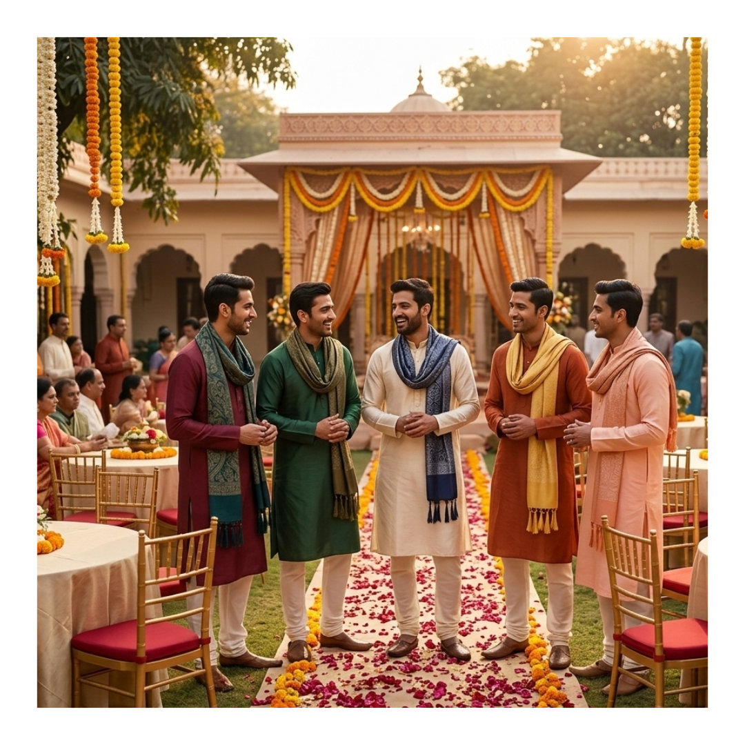 Sparsh of India Groomsmen Wedding Gift | Set of 5 Banarasi Silk Stoles