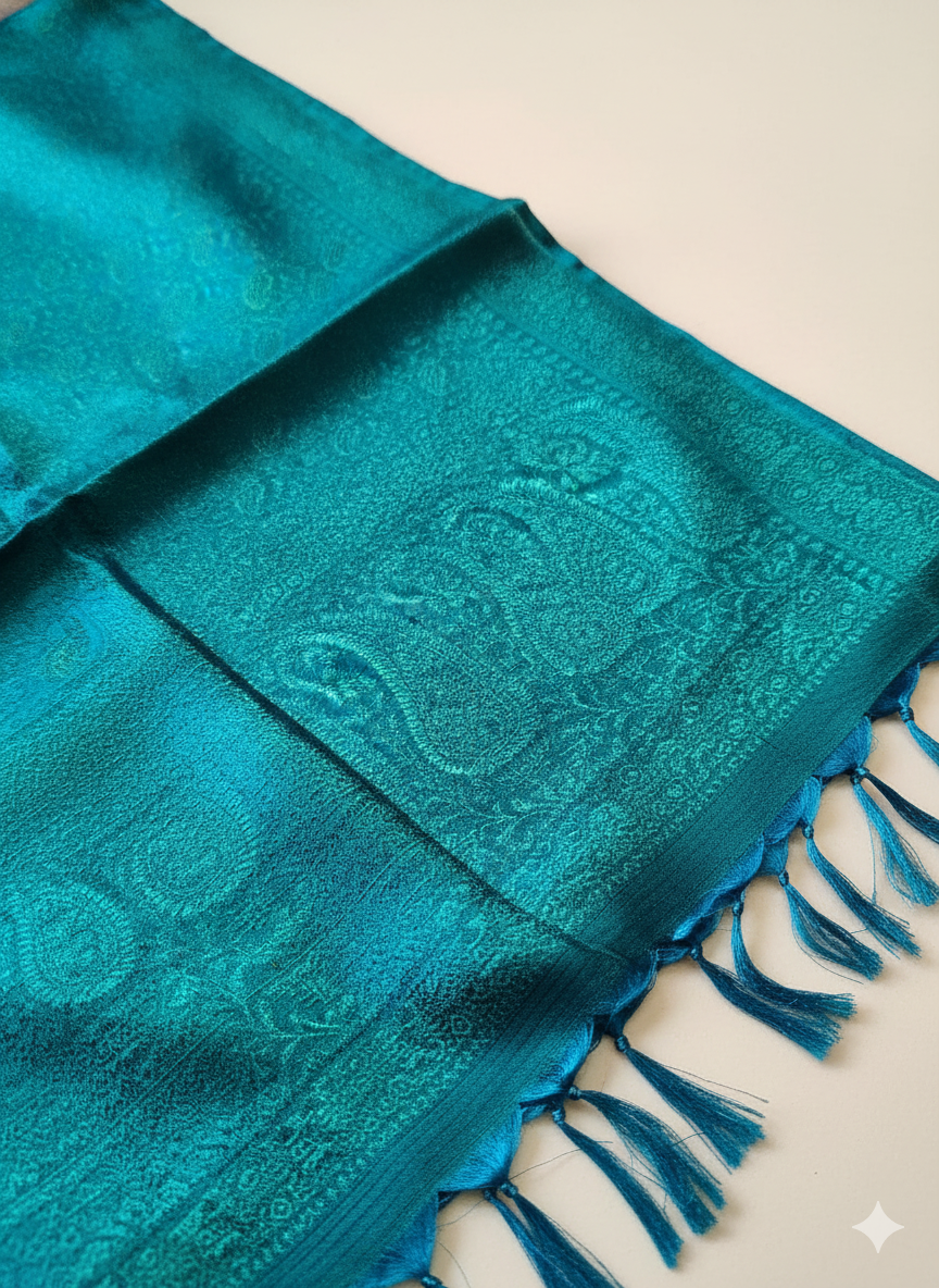 HANDWOVEN Pure silk banarasi weave stole in teal blue