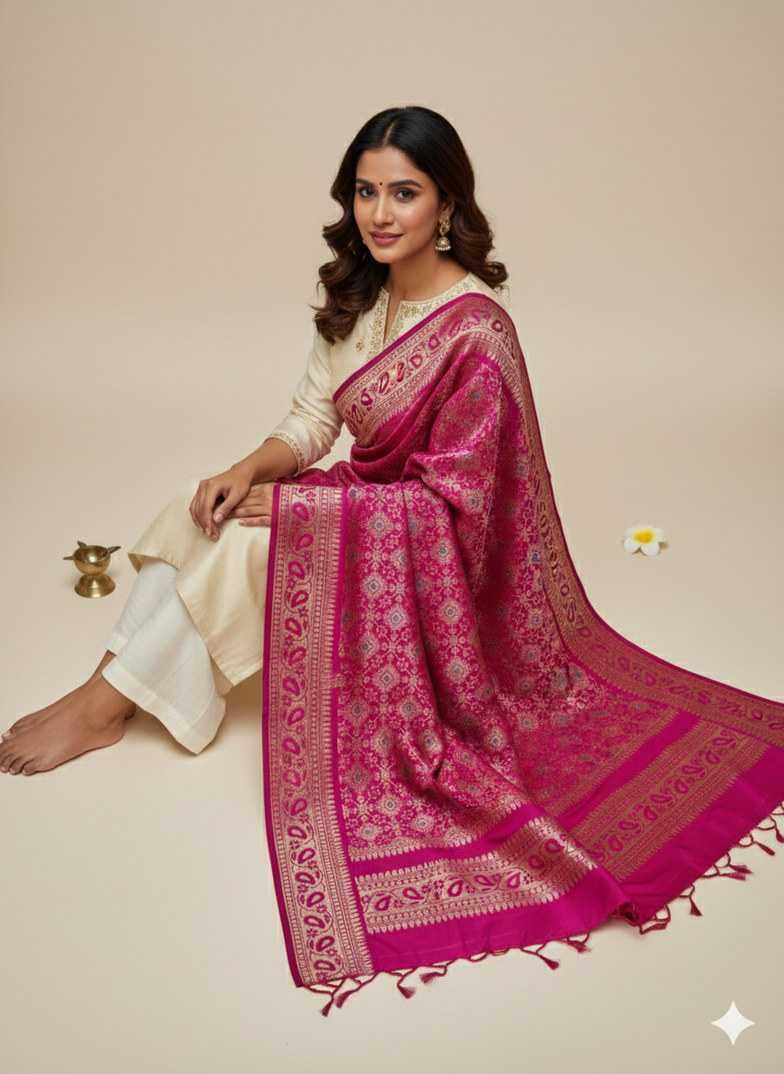 Woman wearing a pink stole with a white background