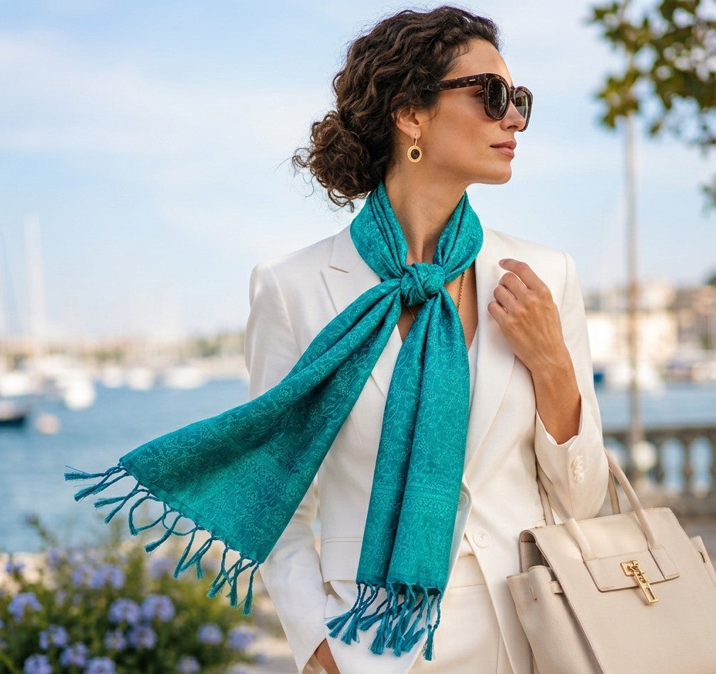 Teal Blue Banarasi Pure Silk Stole - Executive Corporate Gift India