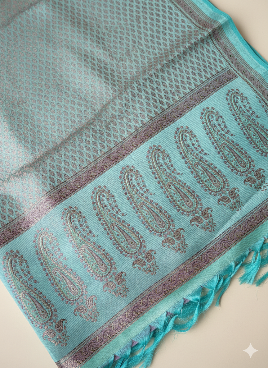 HANDWOVEN Pure silk banarasi weave stole in pastel blue