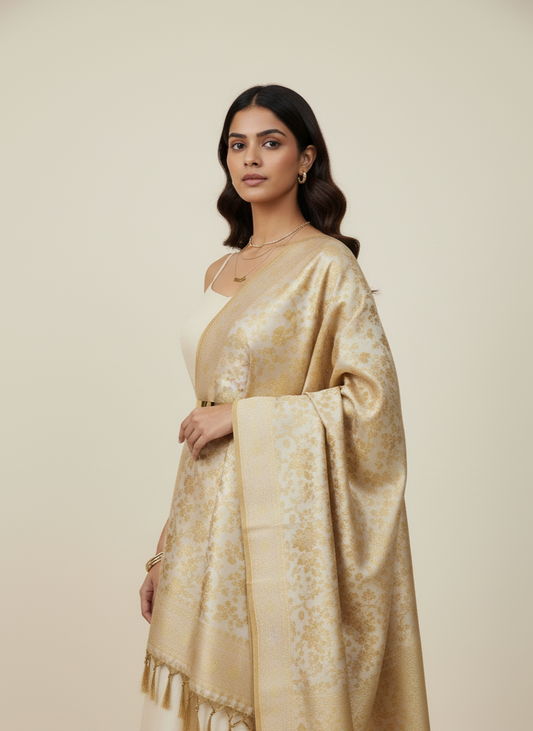 Woman wearing a beige dupatta with a subtle pattern on a plain background