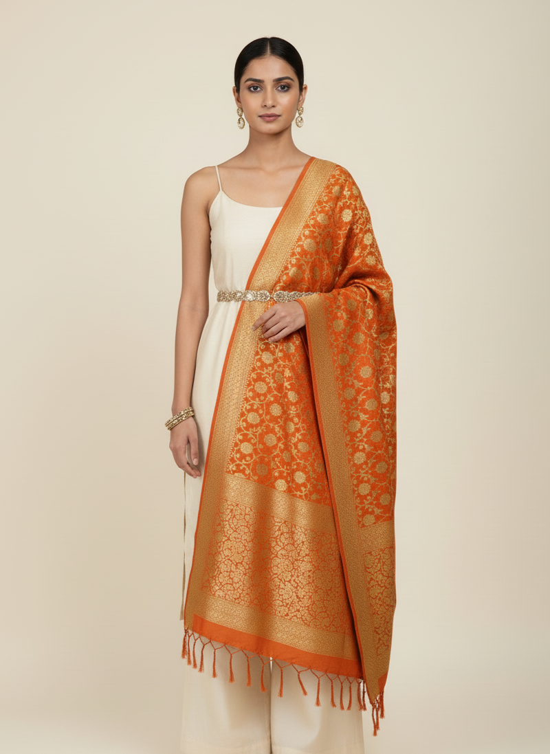 Woman wearing an orange saree with a white blouse on a beige background