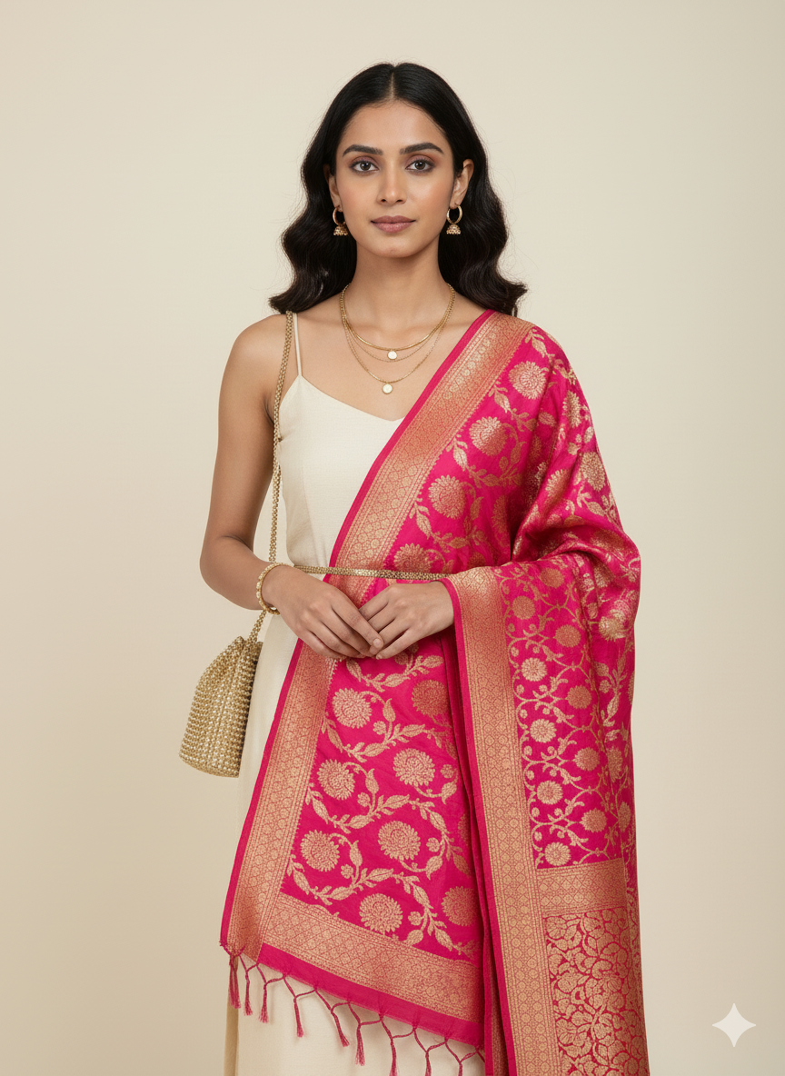 Woman wearing a pink and gold saree with a beige background