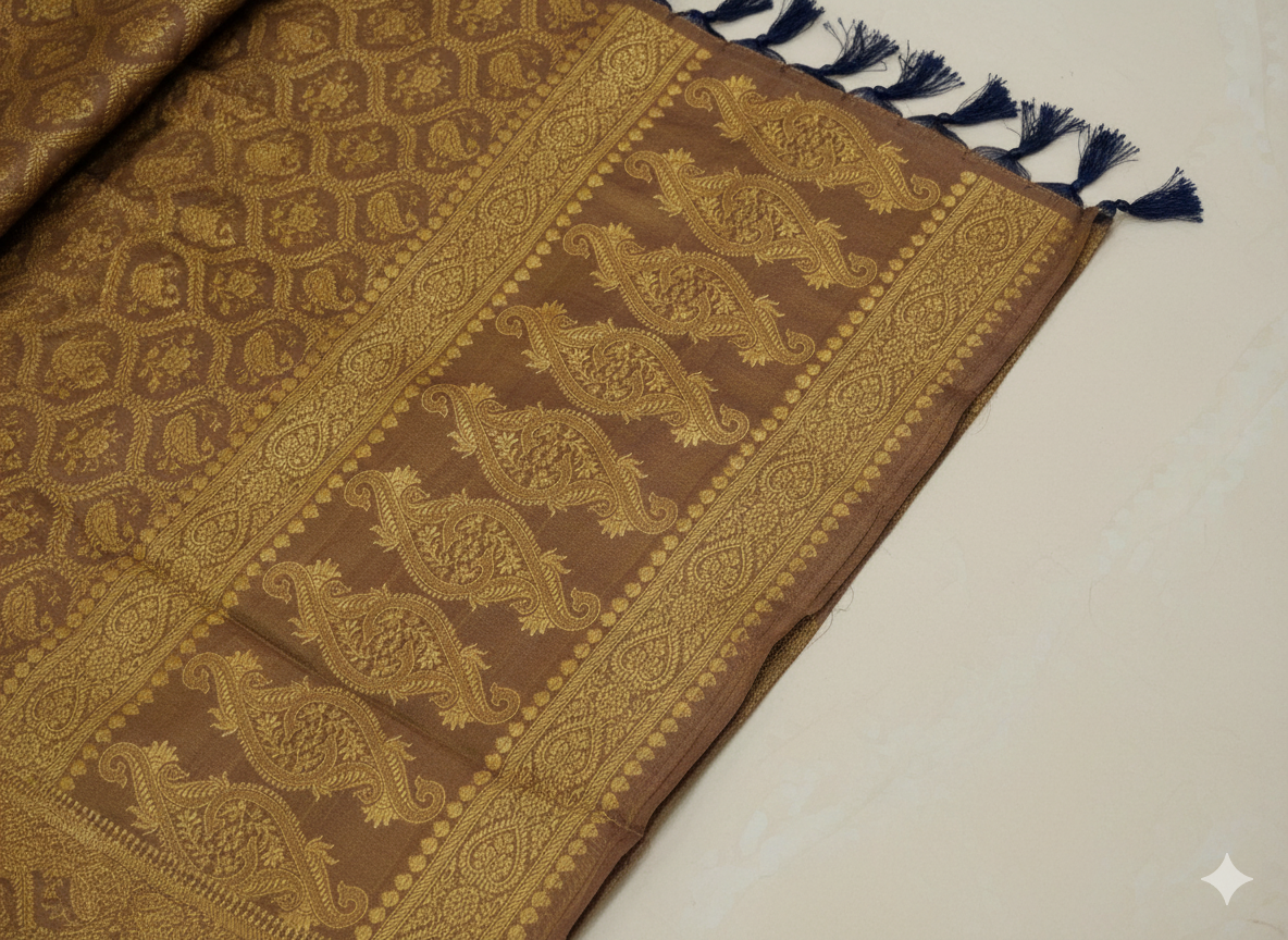 Mocha Gold HANDWOVEN Artisanal Pure Silk Banarasi Weave Stole