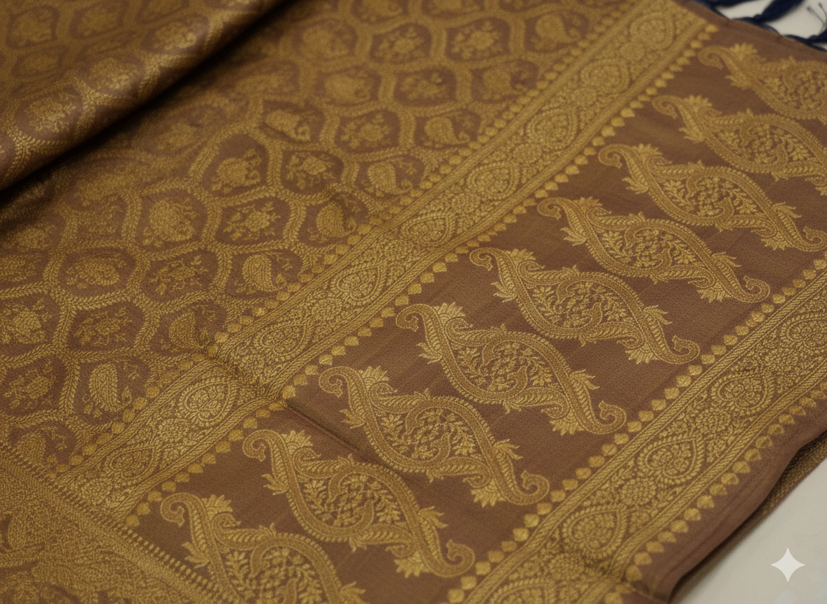 Mocha Gold HANDWOVEN Artisanal Pure Silk Banarasi Weave Stole