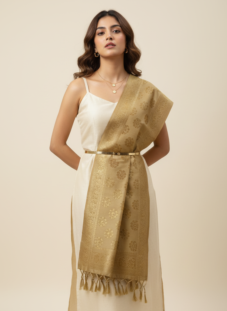 Woman wearing a white dress with a gold shawl on a beige background