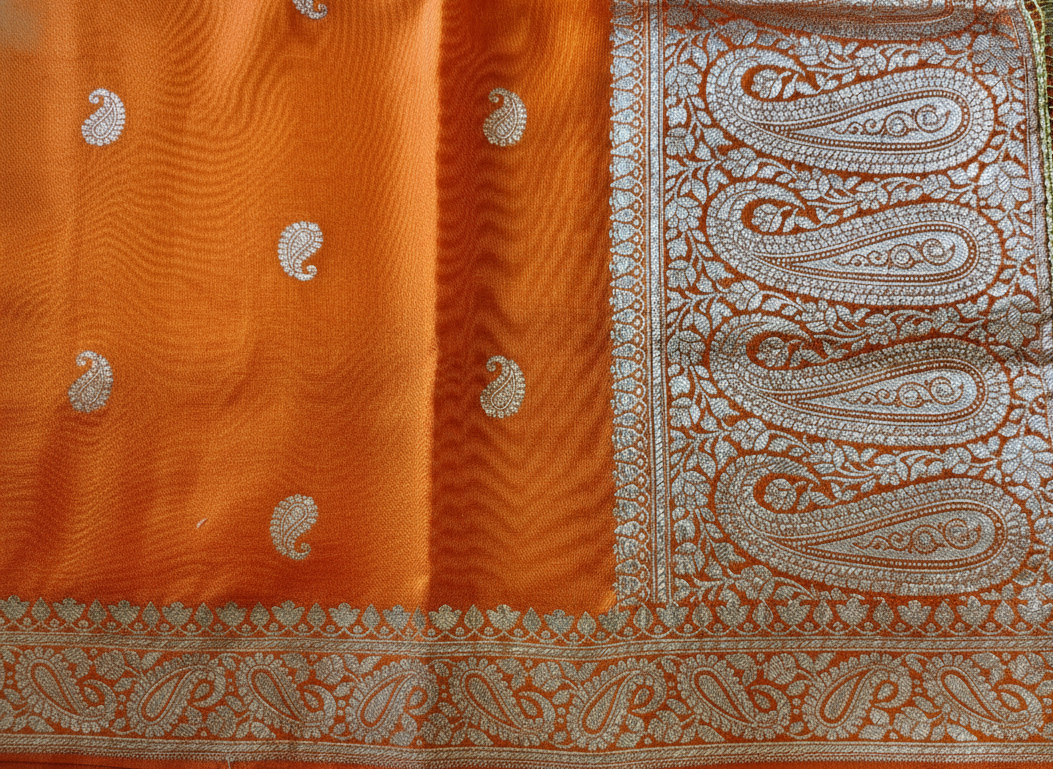HANDLOOM Weaving 100% Pure Silk Zari Safron Banarasi Stole