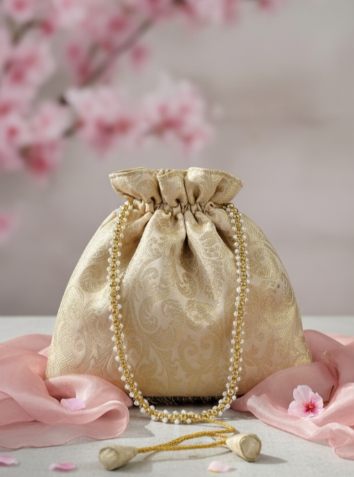 Decorative silk golden color potli bag with pearlstring on a soft pink floral background
