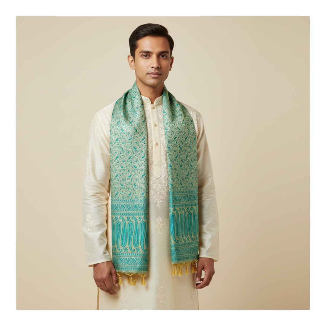 Banarasi silk stole on model - groomsmen wedding gift set of 5
