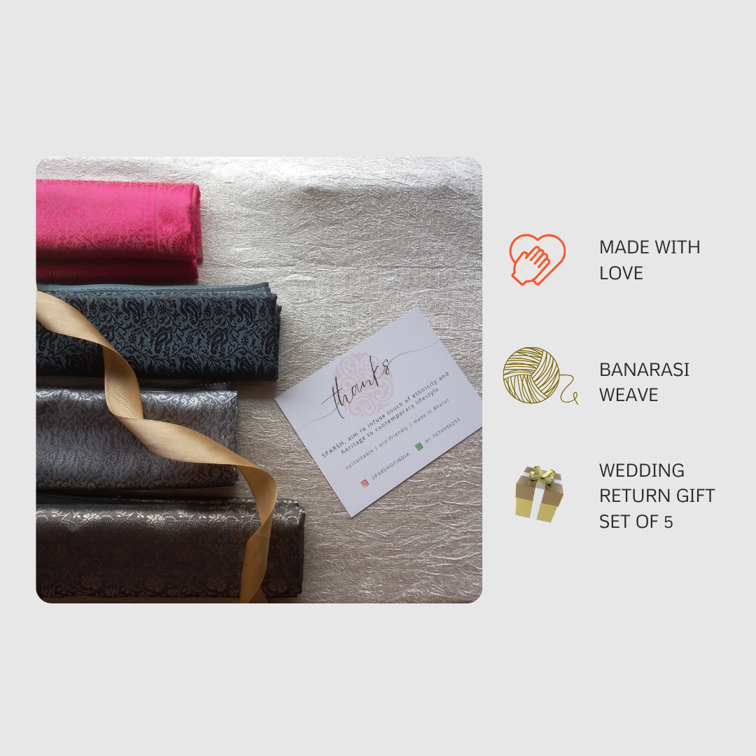 Close-up detailing of Banarasi silk stole with zari work for groomsmen gift
