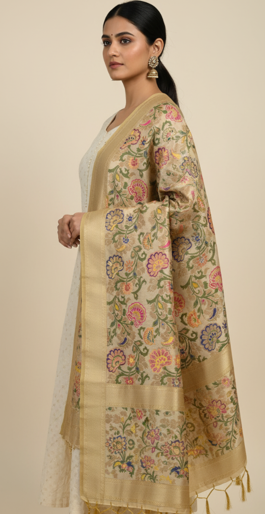 Banarasi weave beige silk dupatta close-up zari detail Sparsh of India