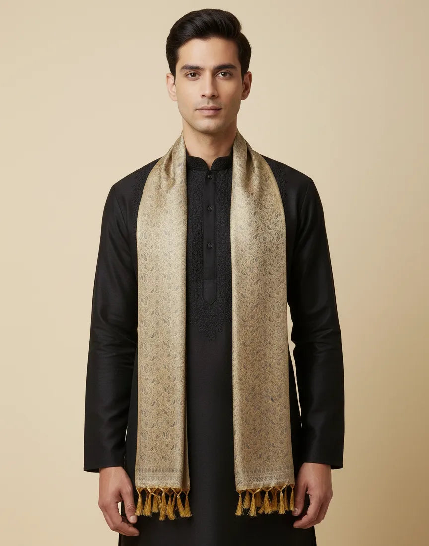 Beige Banarasi silk stole for men - classic kurta stole handwoven in Kashi Banaras
