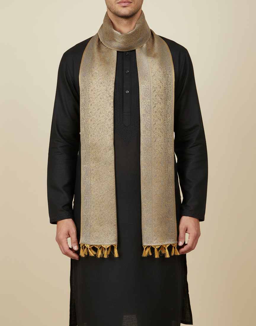 Beige Banarasi weave silk stole styled with sherwani for wedding and festivals
