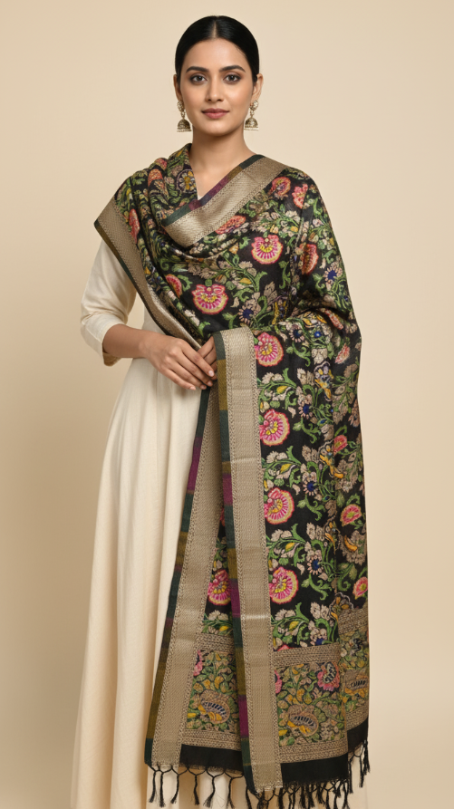 Black Banarasi silk dupatta draped view handwoven in Kashi Banaras