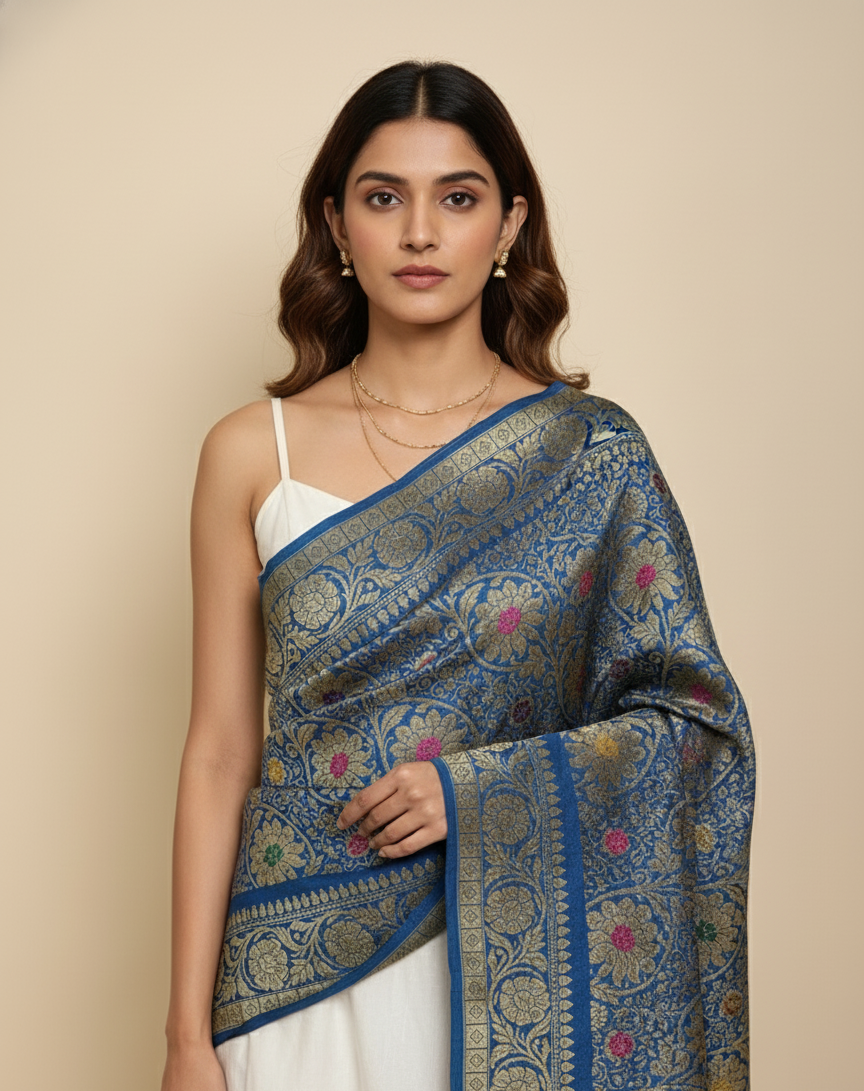 Blue Banarasi dupatta close up zari weave detail