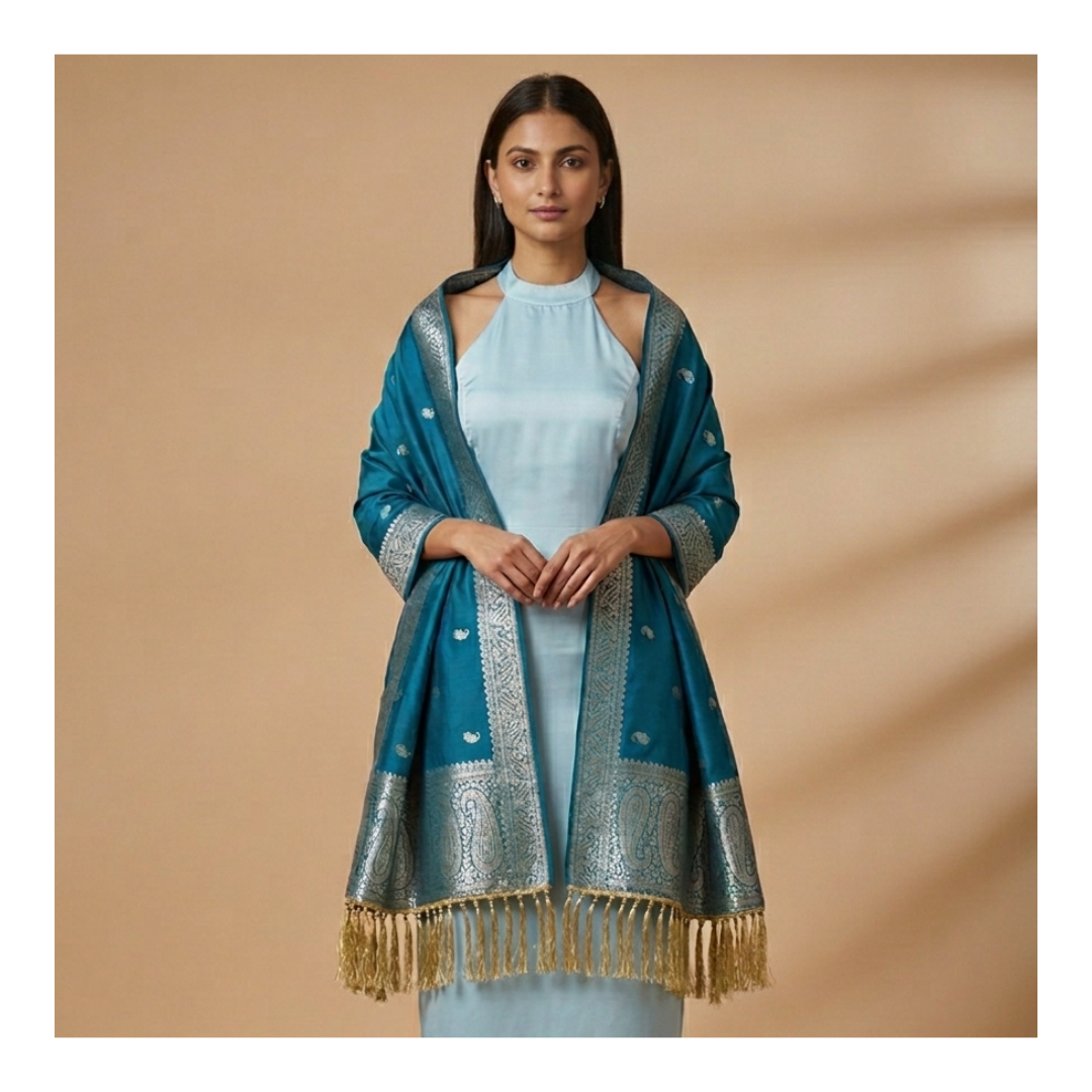 Blue Banarasi silk stole worn by women - bridesmaid wedding gift idea
