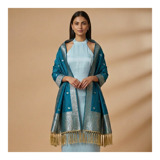 Blue Banarasi silk stole worn by women - bridesmaid wedding gift idea
