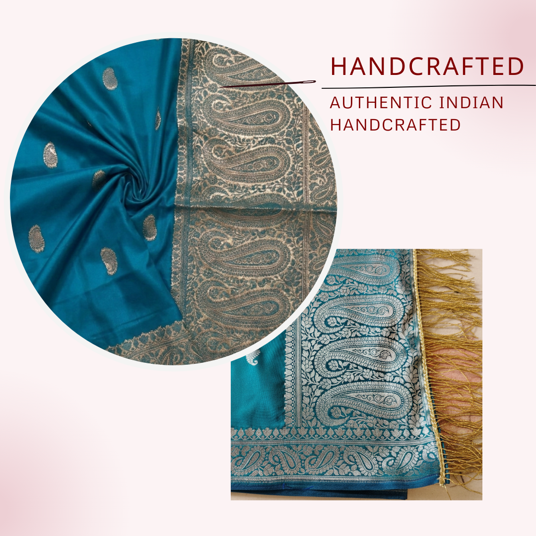 Blue Banarasi silk stole displayed showing handwoven craftsmanship
