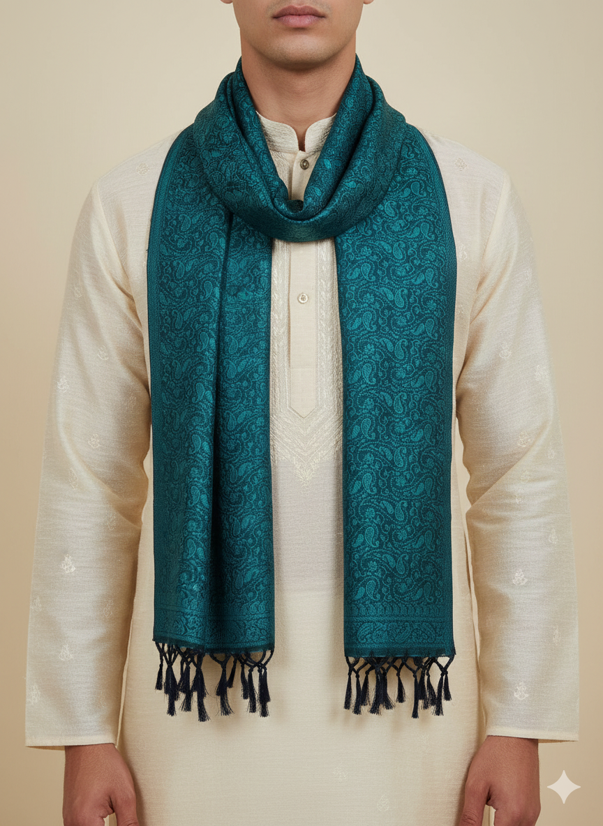 Blue Banarasi weave silk stole styled with kurta for wedding and Navratri
