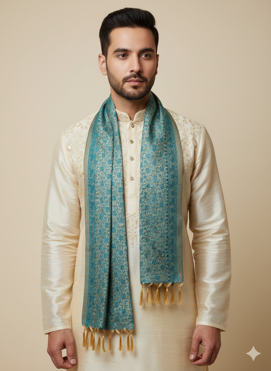 Man wearing a cream kurta with a blue patterned scarf on a beige background
