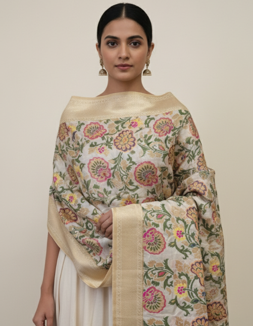 Classic beige Banarasi weave silk dupatta with zari work Sparsh of India