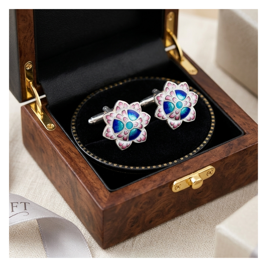 Close-up of Gulabi Meenakari pink enamel work on pure silver cufflinks rare Persian art from Varanasi