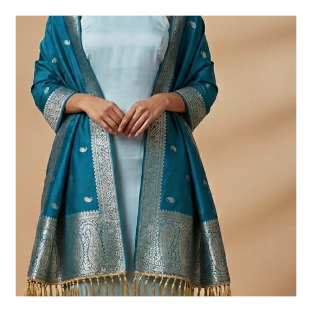 Close-up of blue Banarasi silk stole with traditional zari weaving on model
