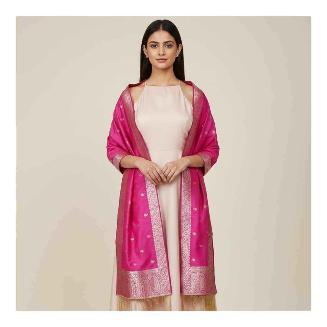 Close-up of traditional zari paisley work on pink Banarasi silk stole
