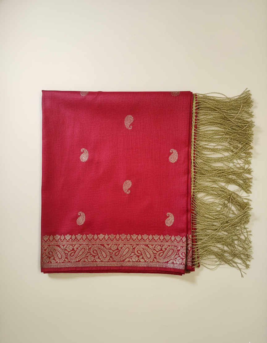 Close-up of traditional zari work on red Banarasi silk stole
