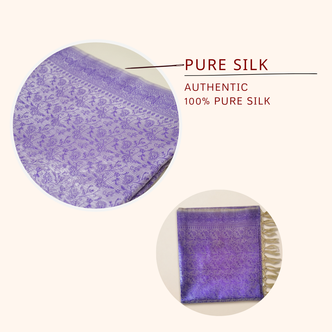 Close up lavender Banarasi silk stole weaving - authentic Indian gift for foreigners

