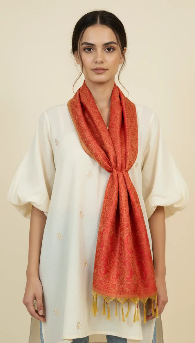 Coral charm feather silk stole – handcrafted Indian silk wrap for women