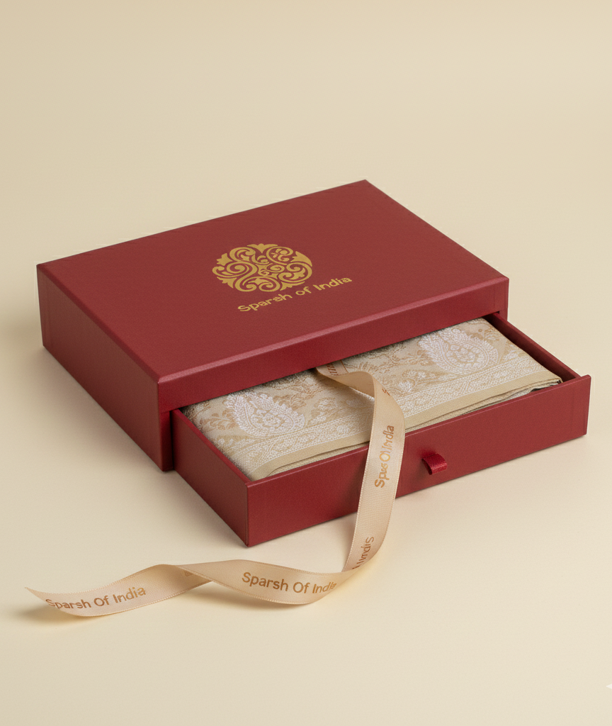 Cream Banarasi pure silk stole - elegant corporate gift handwoven in Kashi Banaras
