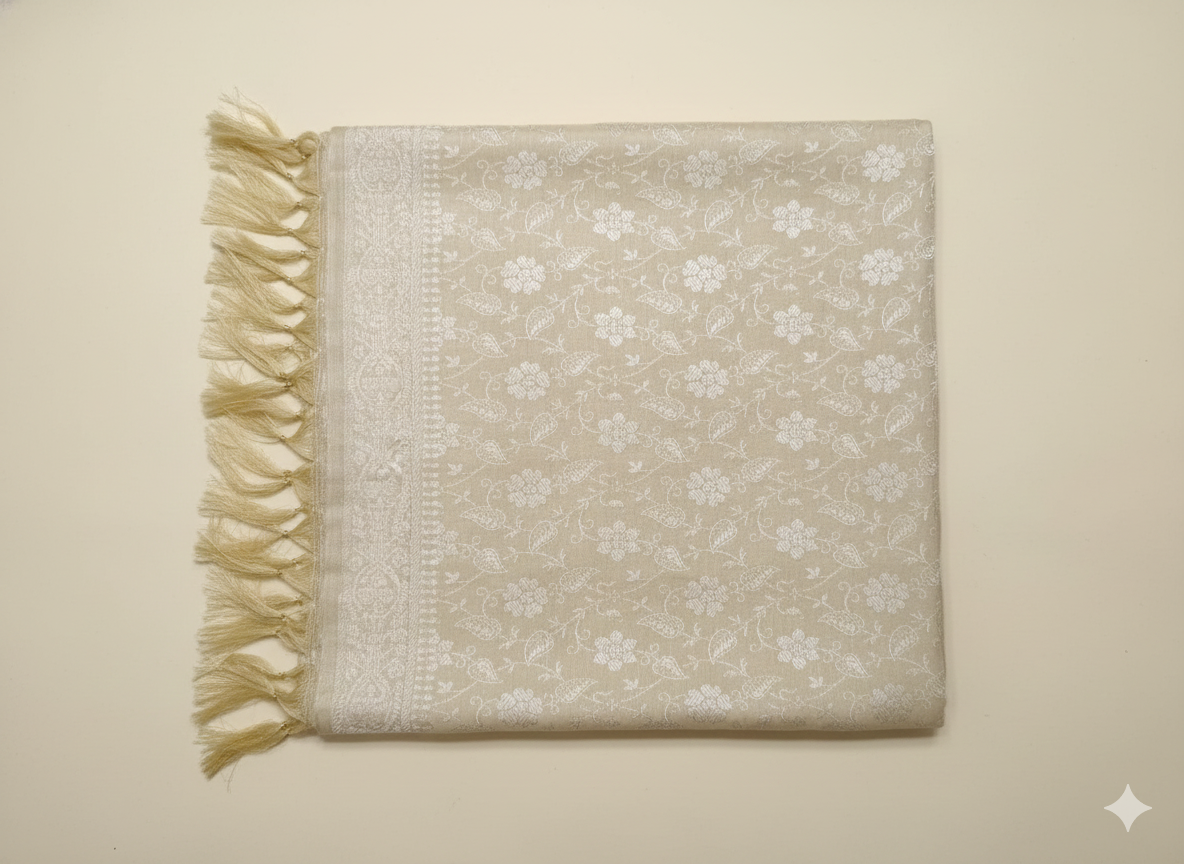 Cream pure silk Banarasi stole - welcome gift for foreign delegates and international guests
