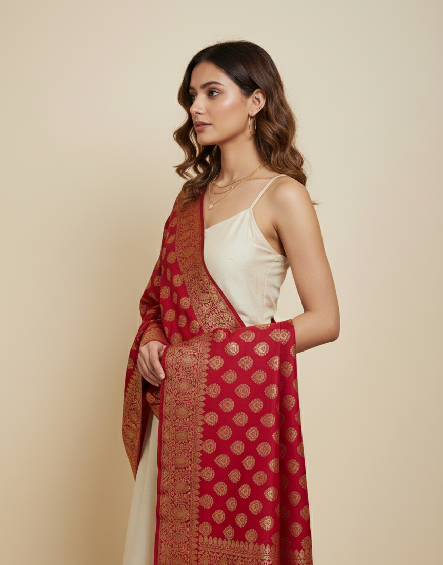 Crimson Banarasi silk dupatta for puja and griha pravesh India
