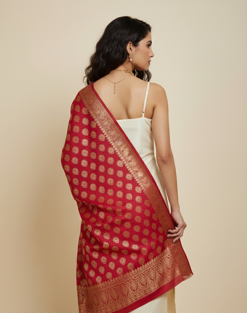 Crimson handwoven Banarasi dupatta - gift for bride India bridal trousseau
