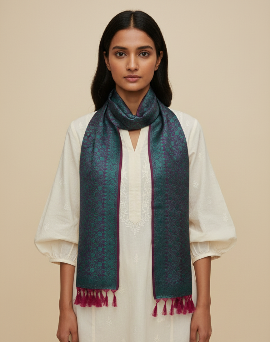 Deep purple Banarasi silk stole for women - daily wear styling with kurti