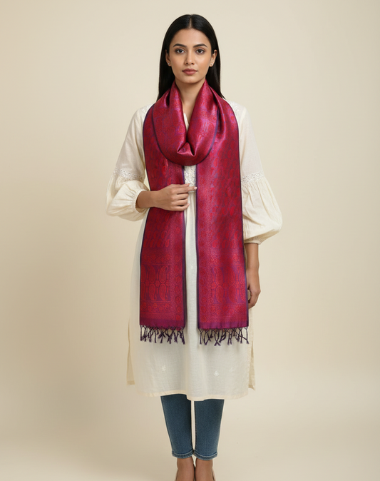 Deep red Banarasi silk stole for women - office wear styling with kurti
