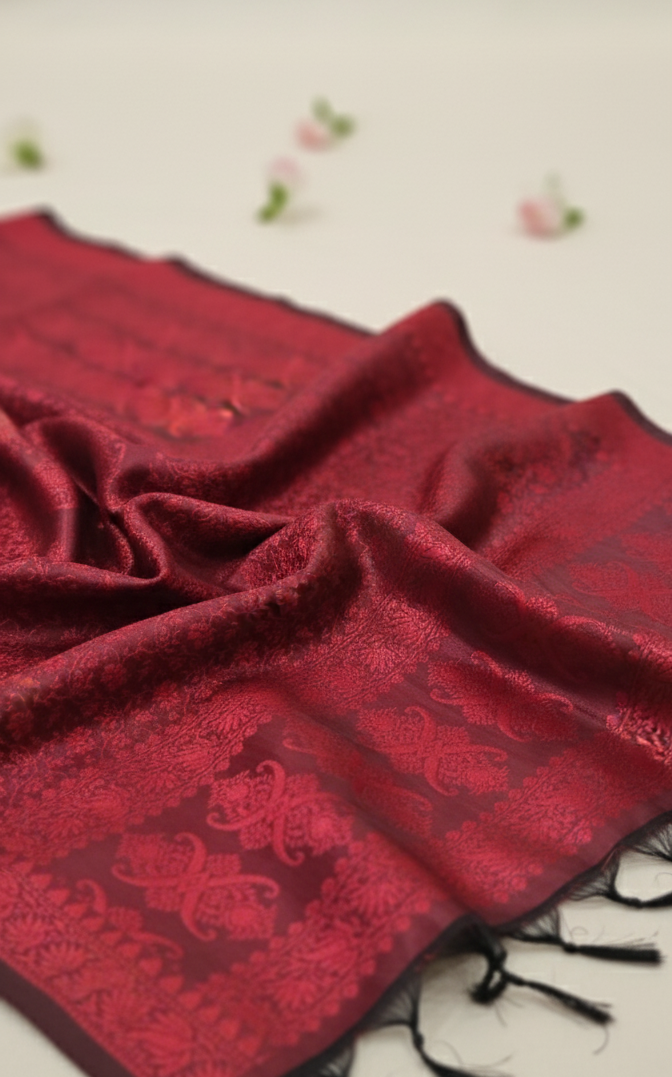Deep wine feather silk stole close-up texture  handcrafted Indian silk