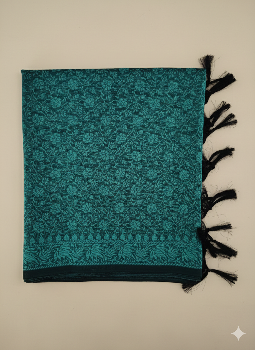 Teal patterned scarf with black tassels on a beige background
